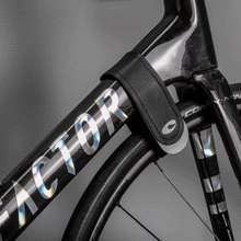 Load image into Gallery viewer, Nobble Wobble wheel strap holding front wheel of Factor O2 VAM in line with frame