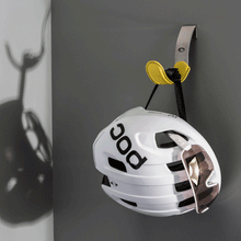 Load image into Gallery viewer, Yellow Scoop cycling accessories hanger holding helmet and sunglasses

