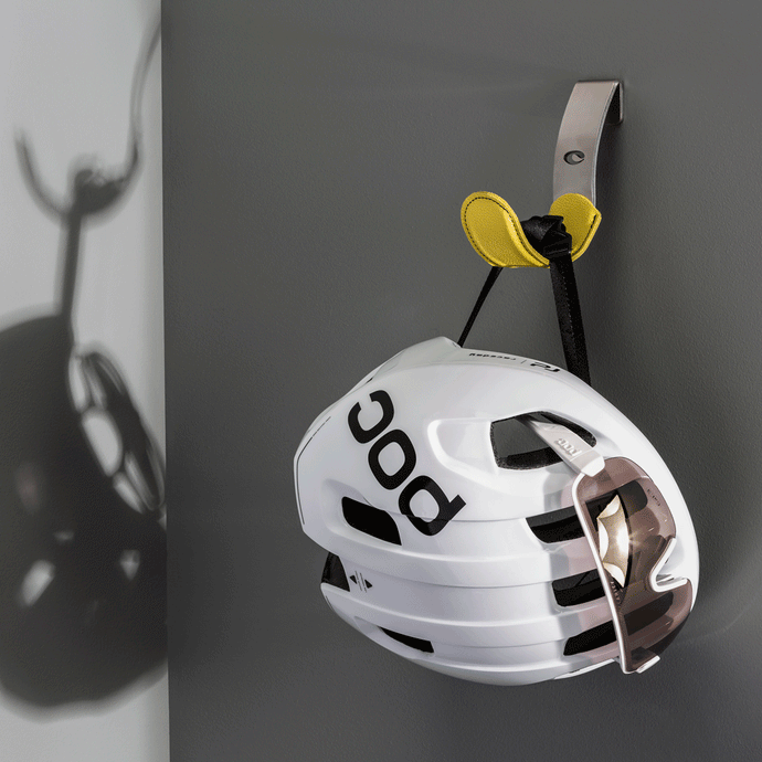 Yellow Scoop cycling accessories hanger holding helmet and sunglasses